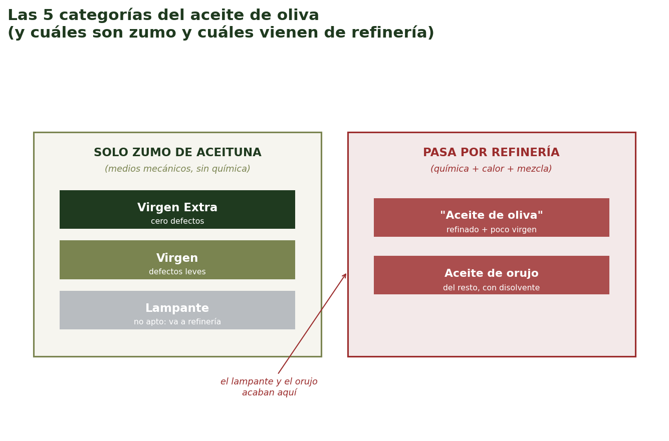 Las cinco categorías del aceite de oliva y cuáles pasan por refinería