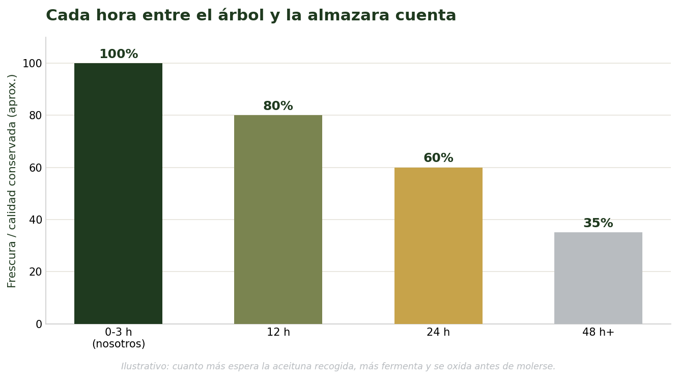 Pérdida de frescura de la aceituna según las horas hasta la almazara